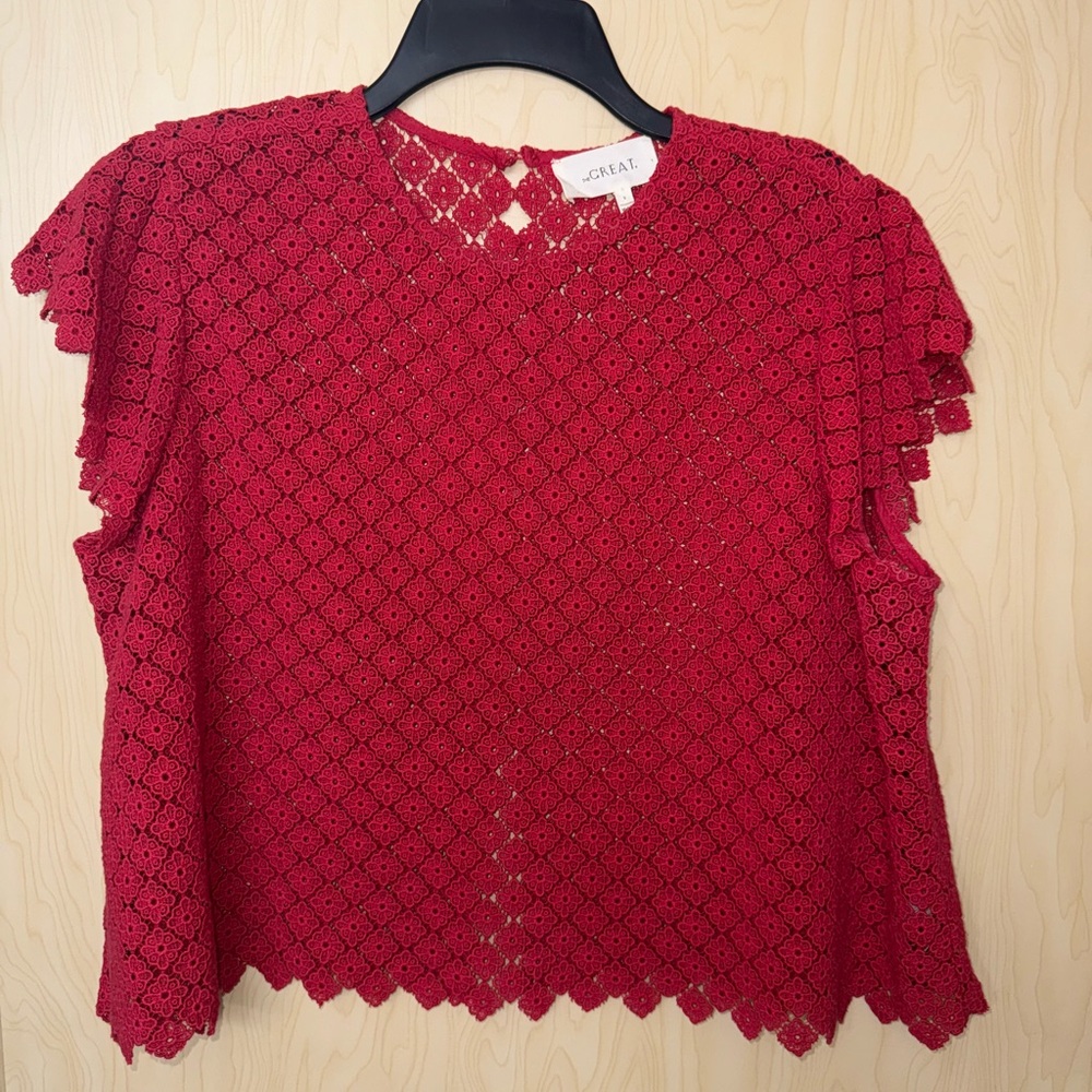 THE GREAT. Red Cropped Cap Sleeve Blouse